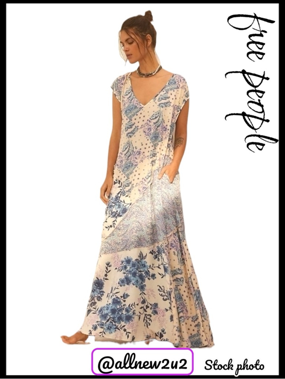 Free People Desert Flower Blue Combo Patchwork Maxi Dress - Picture 3 of 16